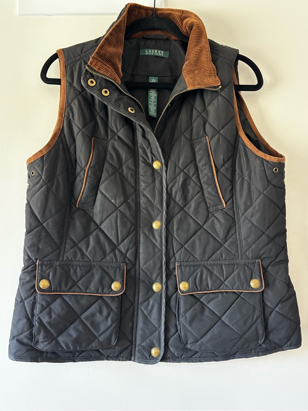 Ralph Lauren Ladies Diamond-Quilted Barn Vest with Corduroy Collar & Trim, Large